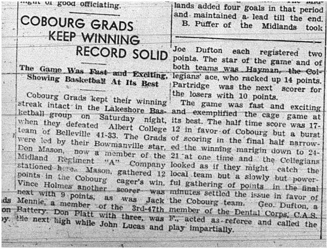 1941-01-16 Basketball -Cobourg vs Albert College in Lakeshore Group
