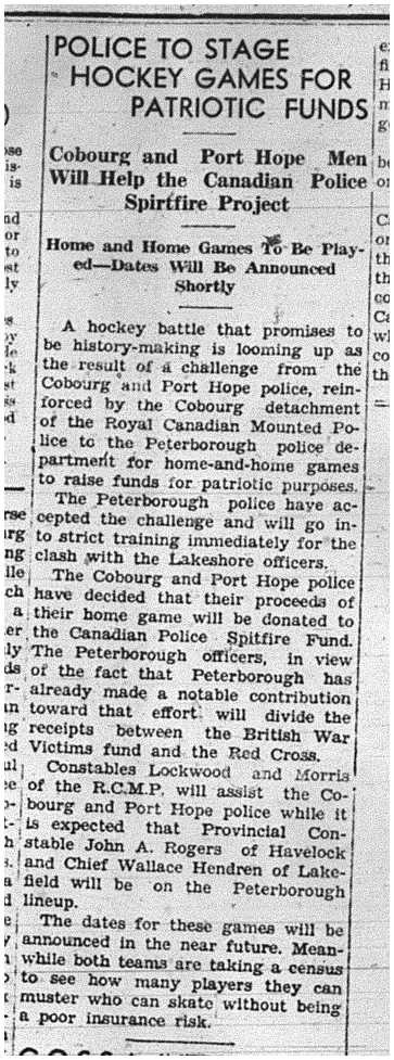 1941-01-16 Hockey -Cobourg PH Police & RCMP vs Peterborough in fundraiser