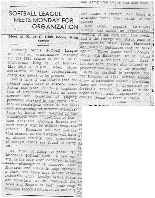 1941-05-22 Softball -Cobourg Mens League organizing