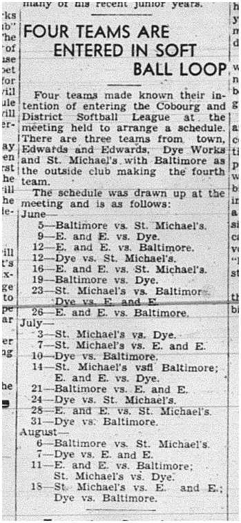 1941-06-05 Softball -4 Teams in Cobourg & District League