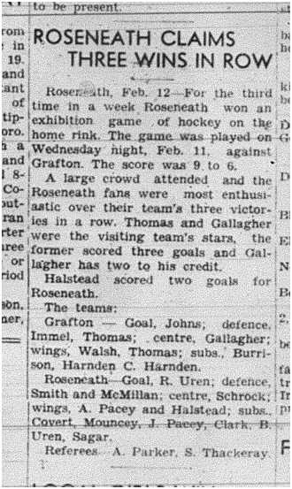 1942-02-19 Hockey -Roseneath vs Grafton