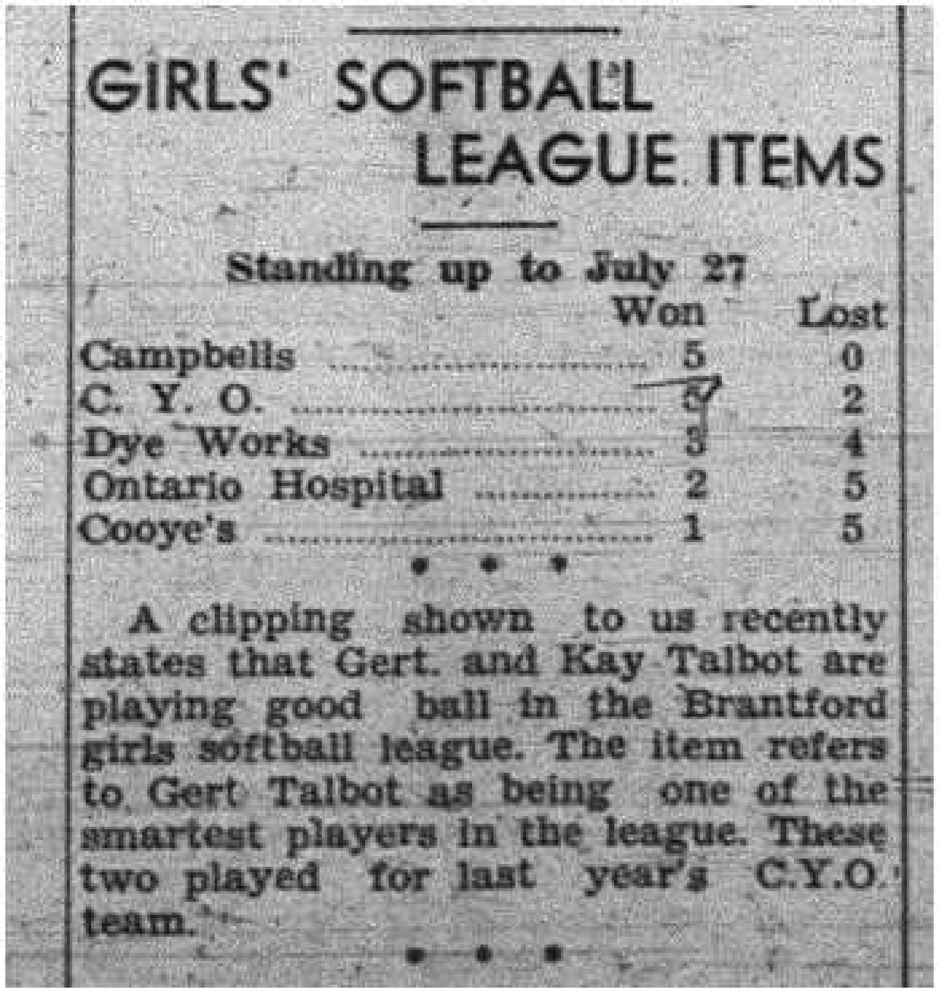 1943-07-29 Softball - Girls League standings