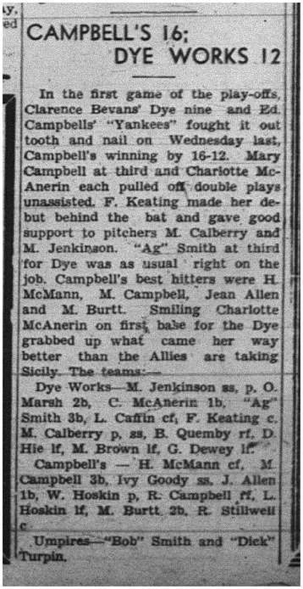 1943-08-19 Softball - Girls Campbells vs Dye Works