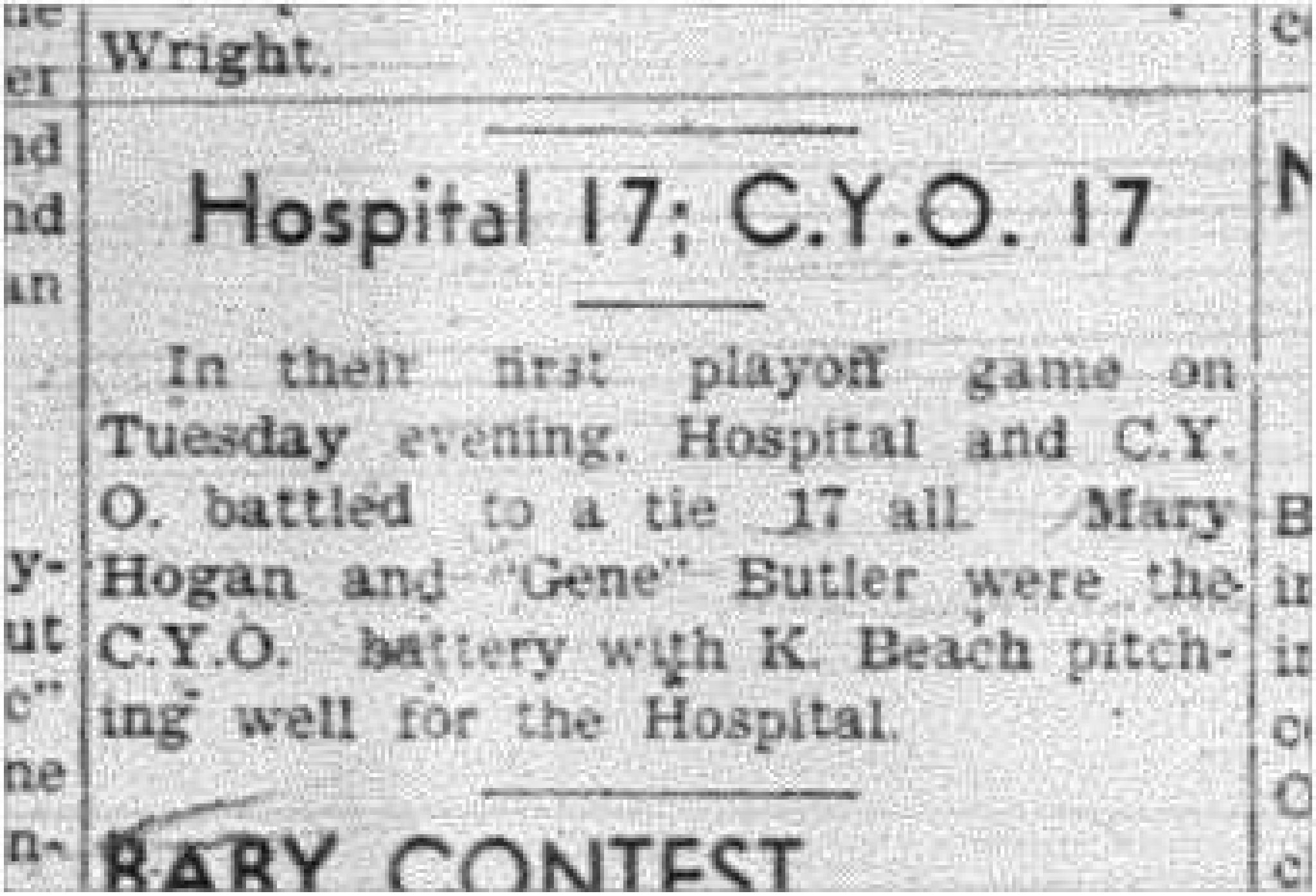 1943-08-19 Softball - Girls Hospital vs CYO