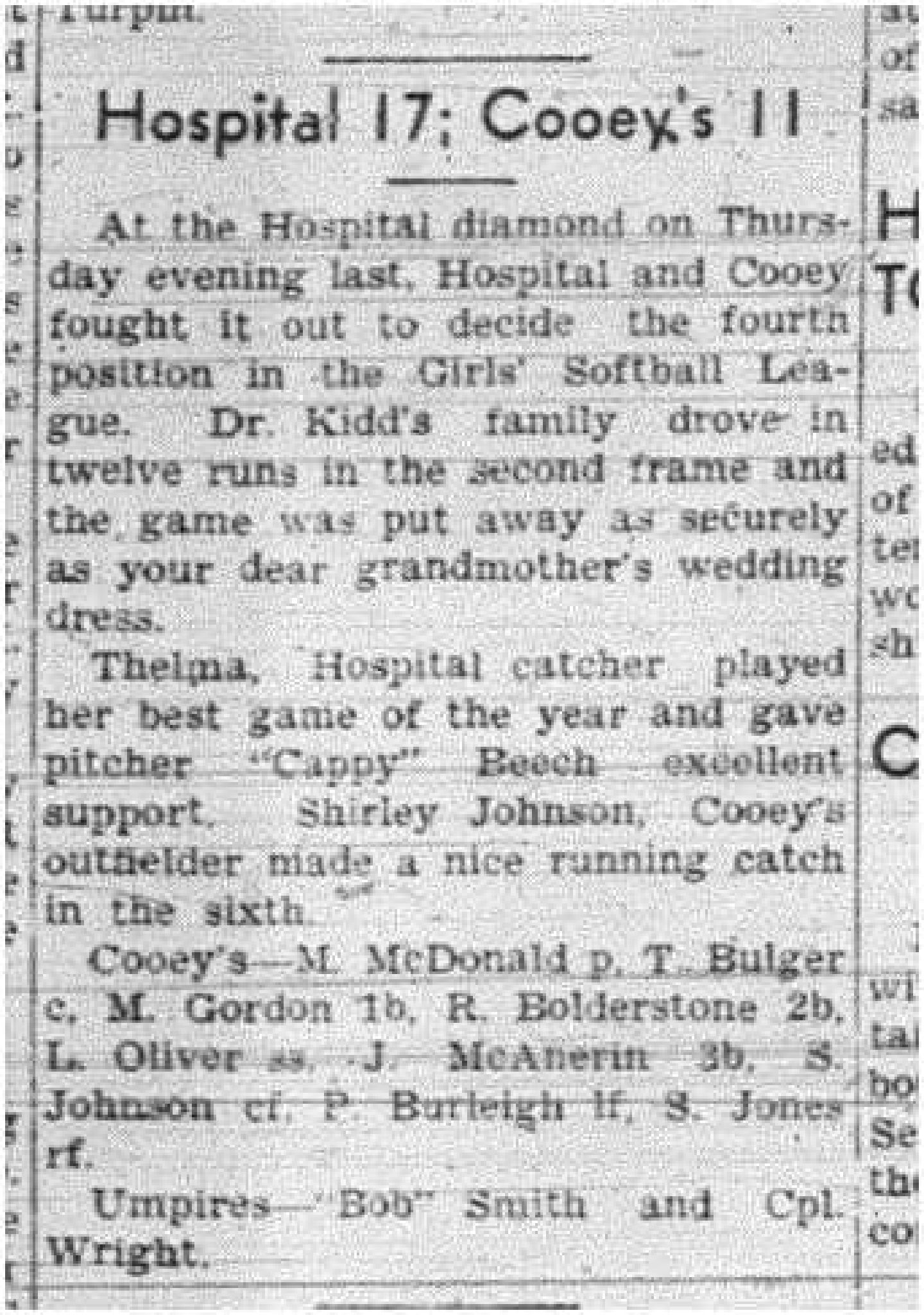 1943-08-19 Softball - Girls Hospital vs Cooeys