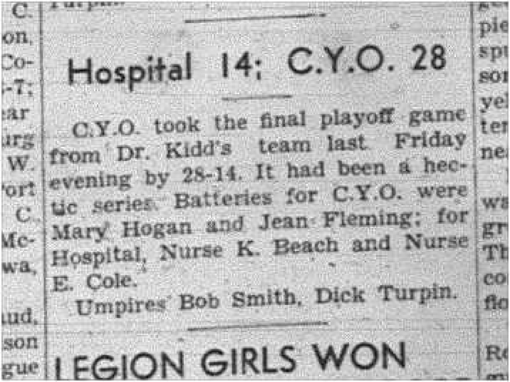 1943-09-02 Softball - Girls Hospital vs CYO