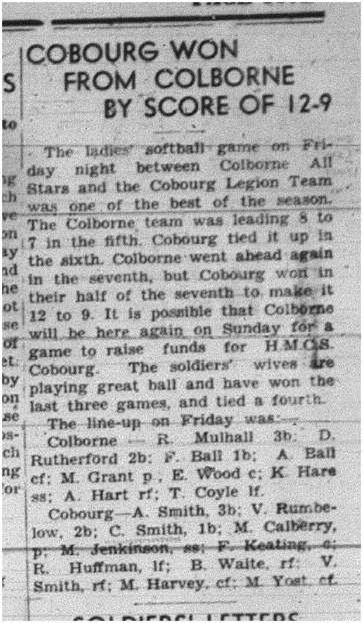 1943-09-16 Softball - Girls vs Colborne