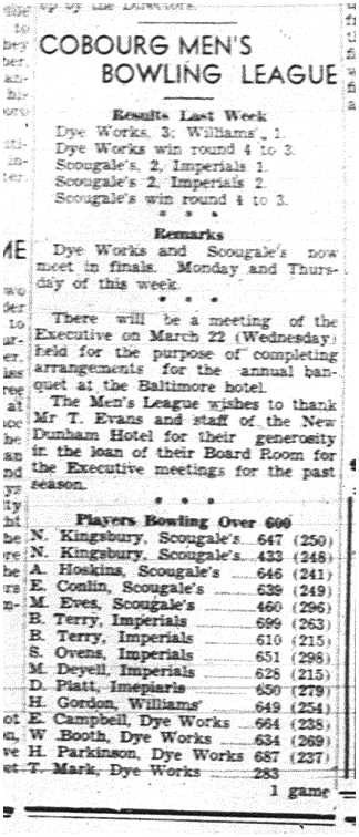 1944-03-09 Bowling -Mens League standings