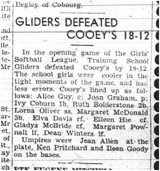 1944-06-08 Softball -Girls League Gliders vs Cooeys