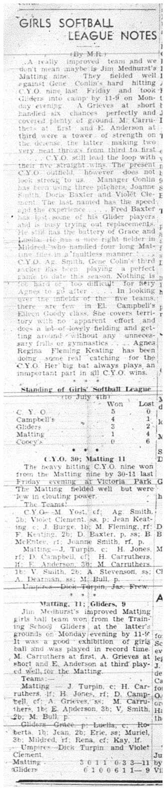 1944-07-06 Softball -Girls League Notes & Standings