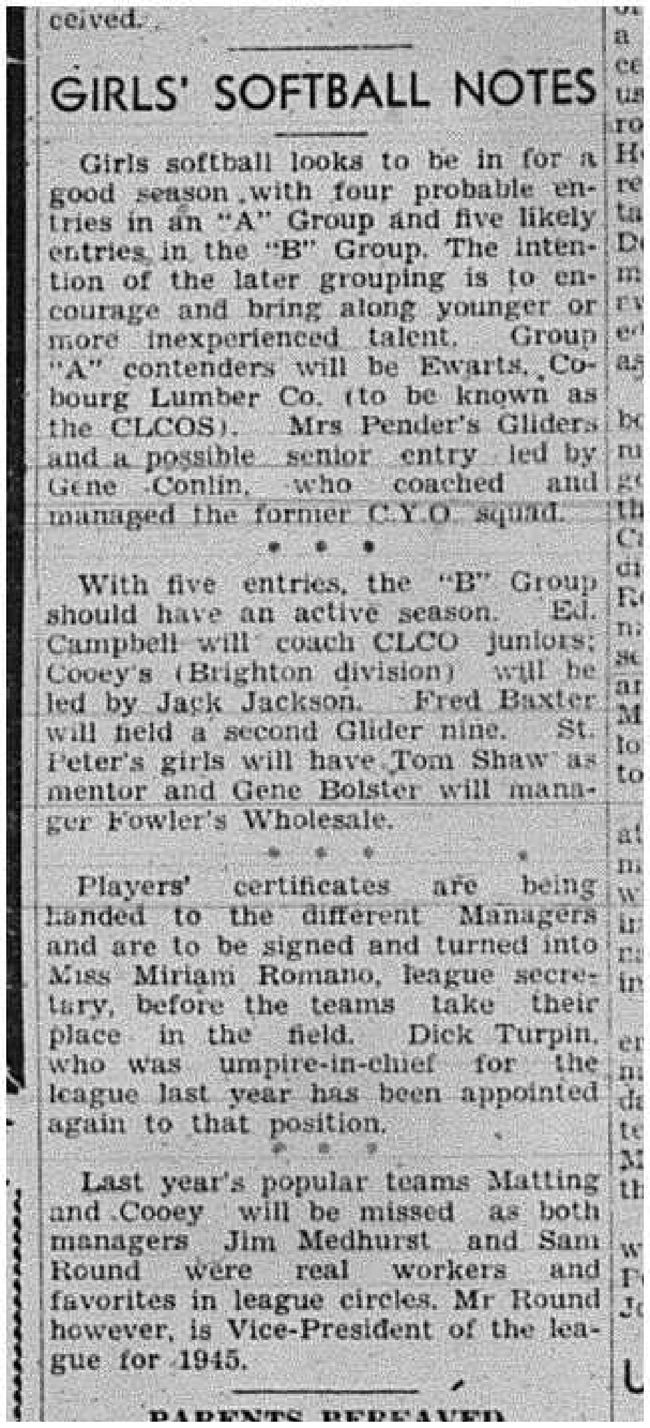 1945-04-05 Softball - Cobourg Girls League