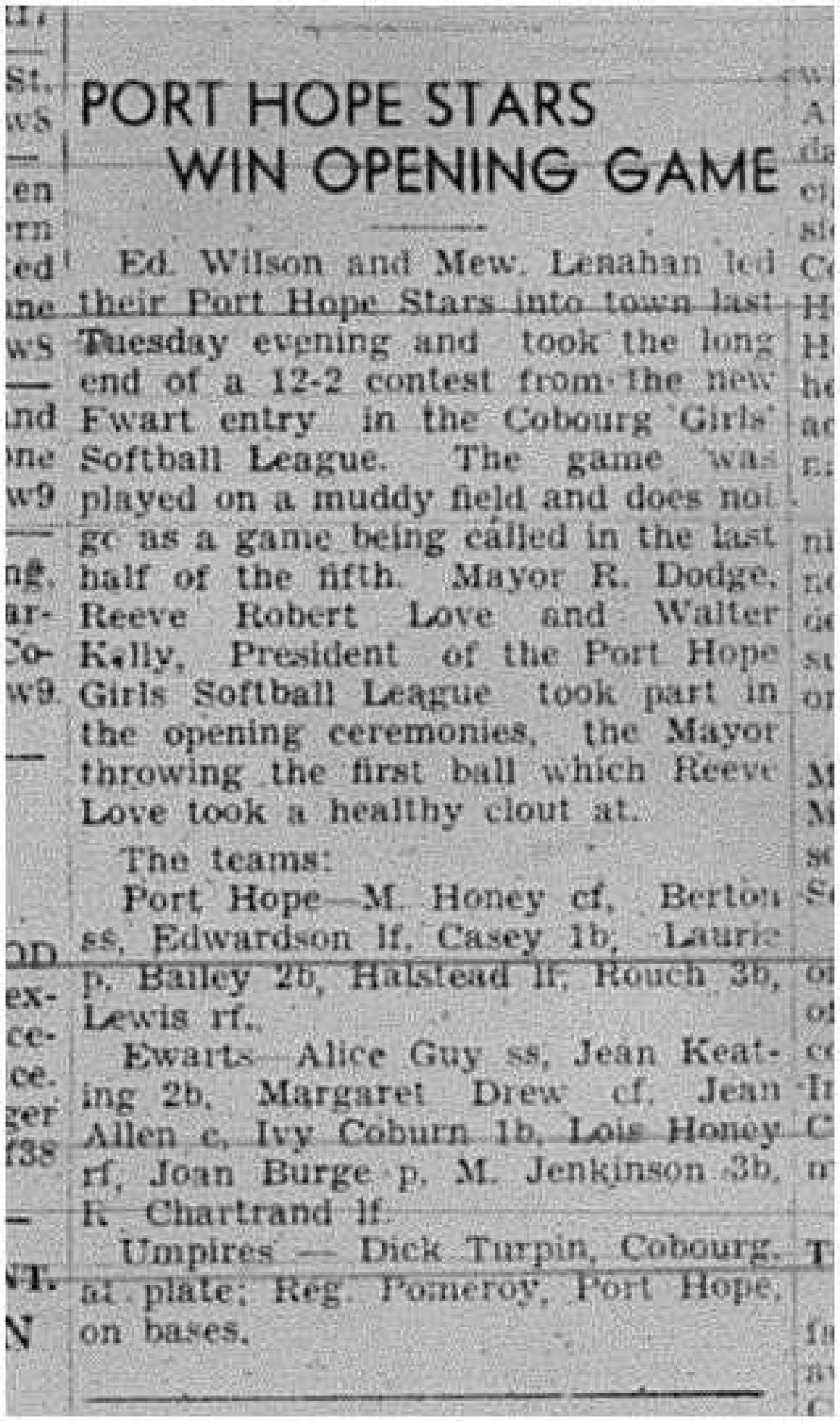 1945-06-07 Softball - Ewart Girls lose to PH
