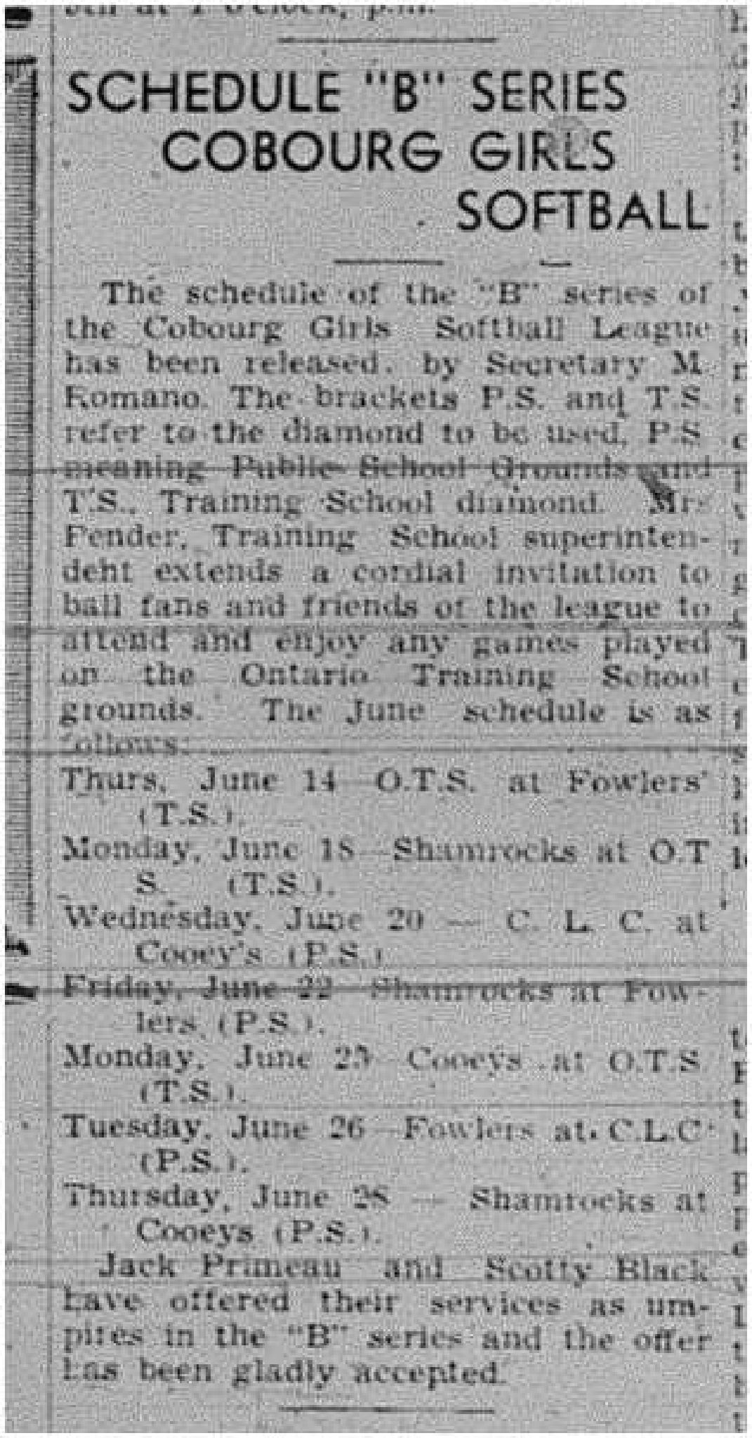 1945-06-14 Softball - Cobourg Girls Softball League