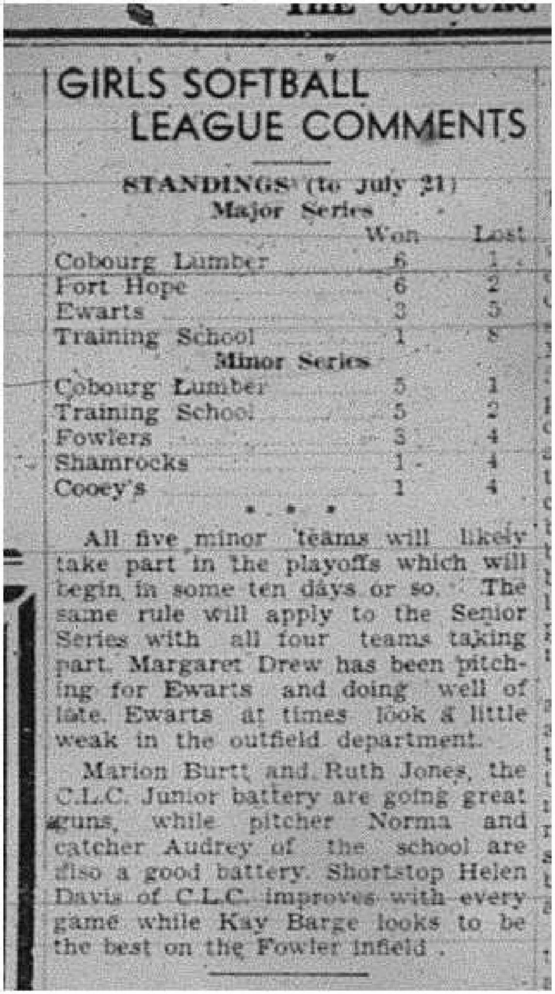 1945-07-26 Softball -Girls League standings