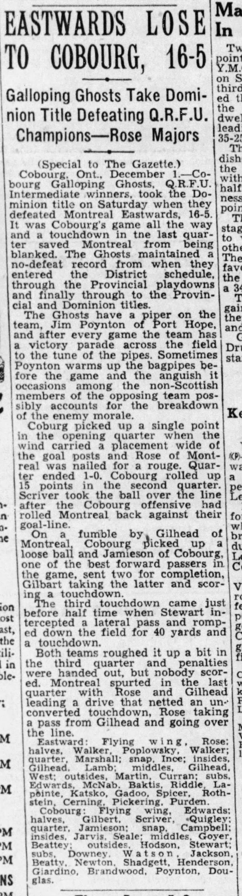 1946-12-02 Football -Galloping Ghosts beat Montreal -Montreal Gazette