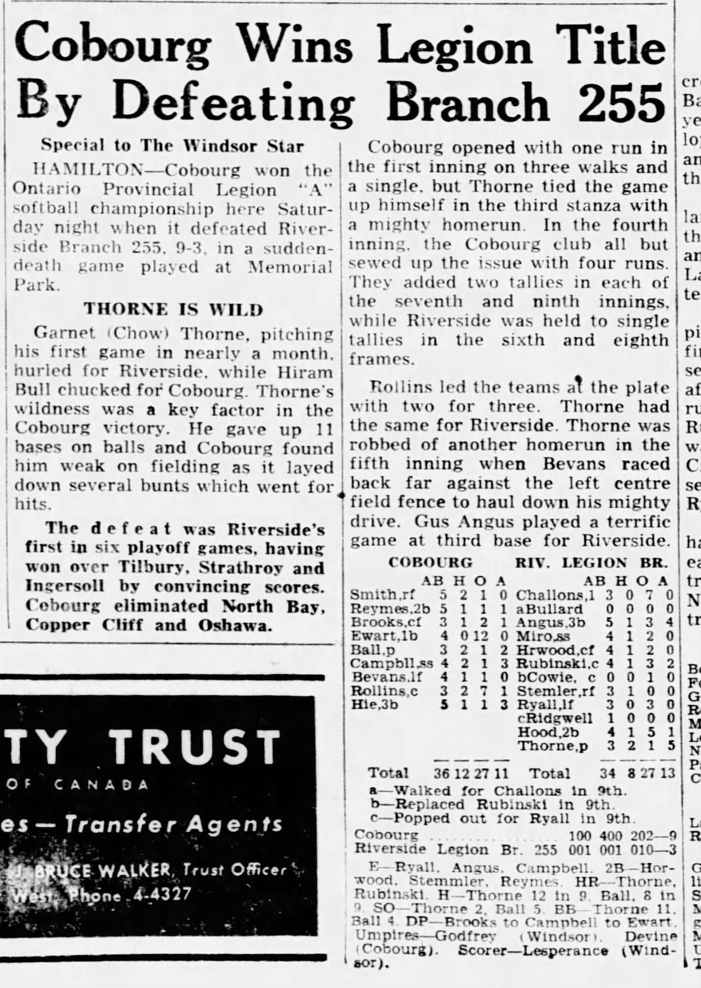 1947-10-27 Softball -Cobourg wins ON Legion Title vs Riverside -Windsor Star