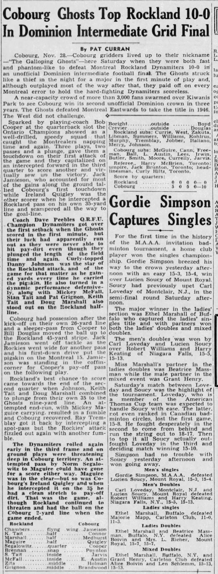 1948-11-29 Football -Galloping Ghosts beat Montreal Rockland -Montreal Gazette