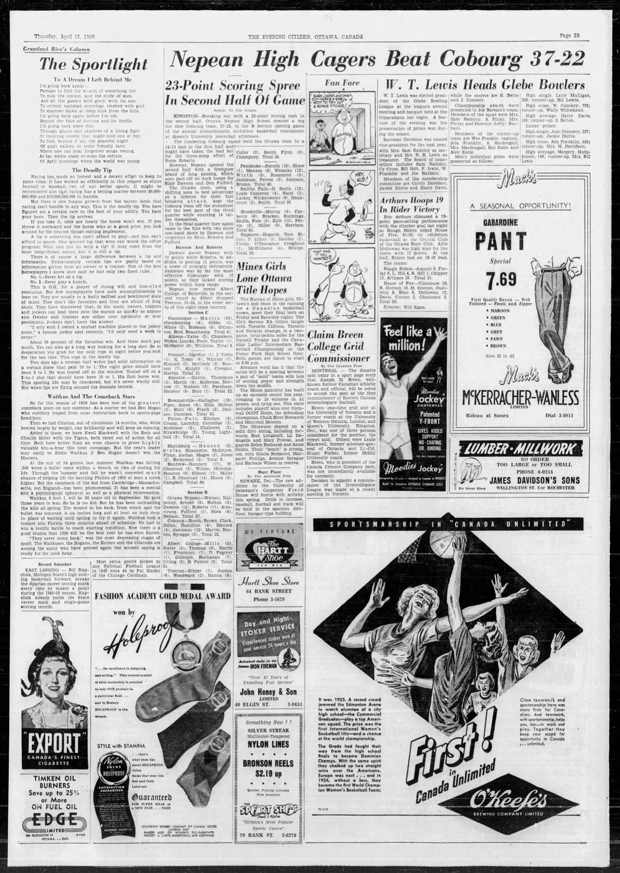 1950-04-13 School -Basketball Cobourg vs Nepean -The Ottawa Citizen