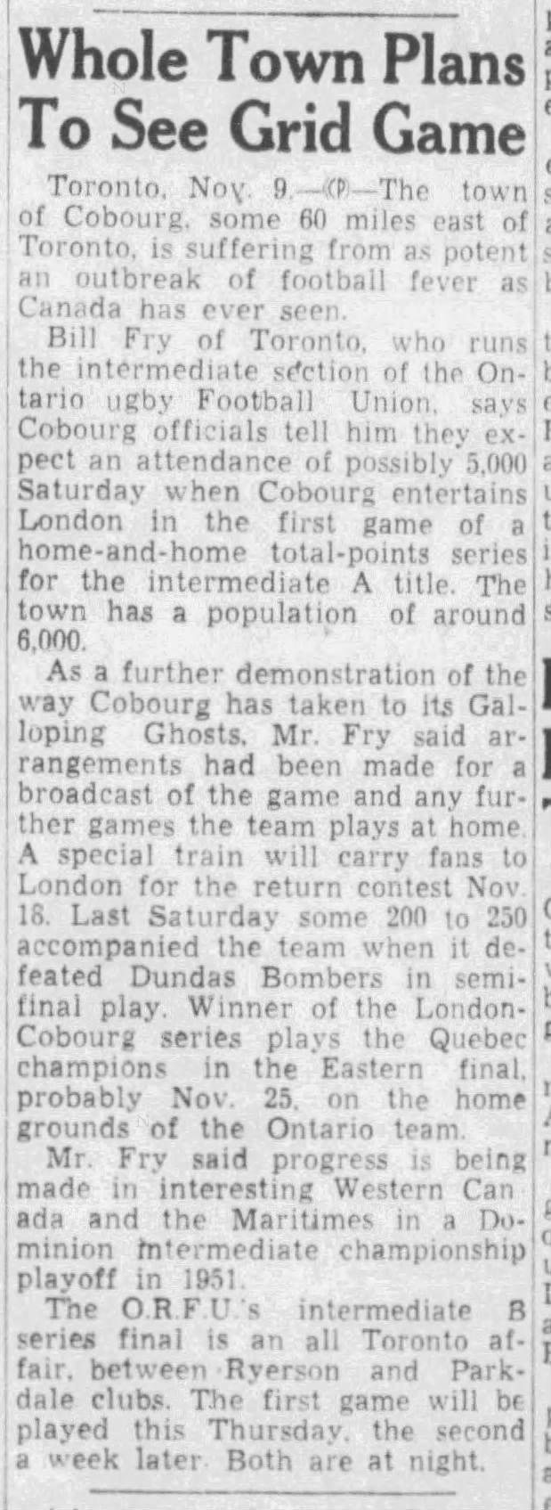 1950-11-10 Football -GG -Cobourg has football fever -Montreal Gazette
