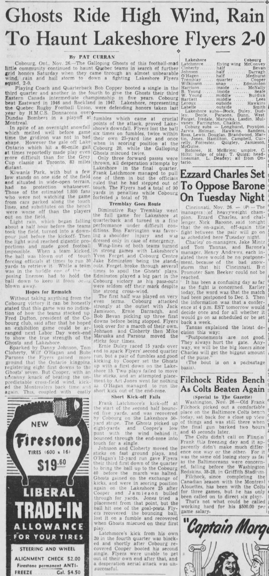 1950-11-27 Football -Galloping Ghosts beat Lakeshore -Montreal Gazette