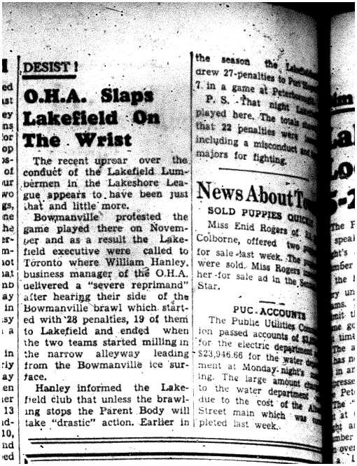 1955-12-15 Hockey -Intermediates Lakefield reprimanded by OHA