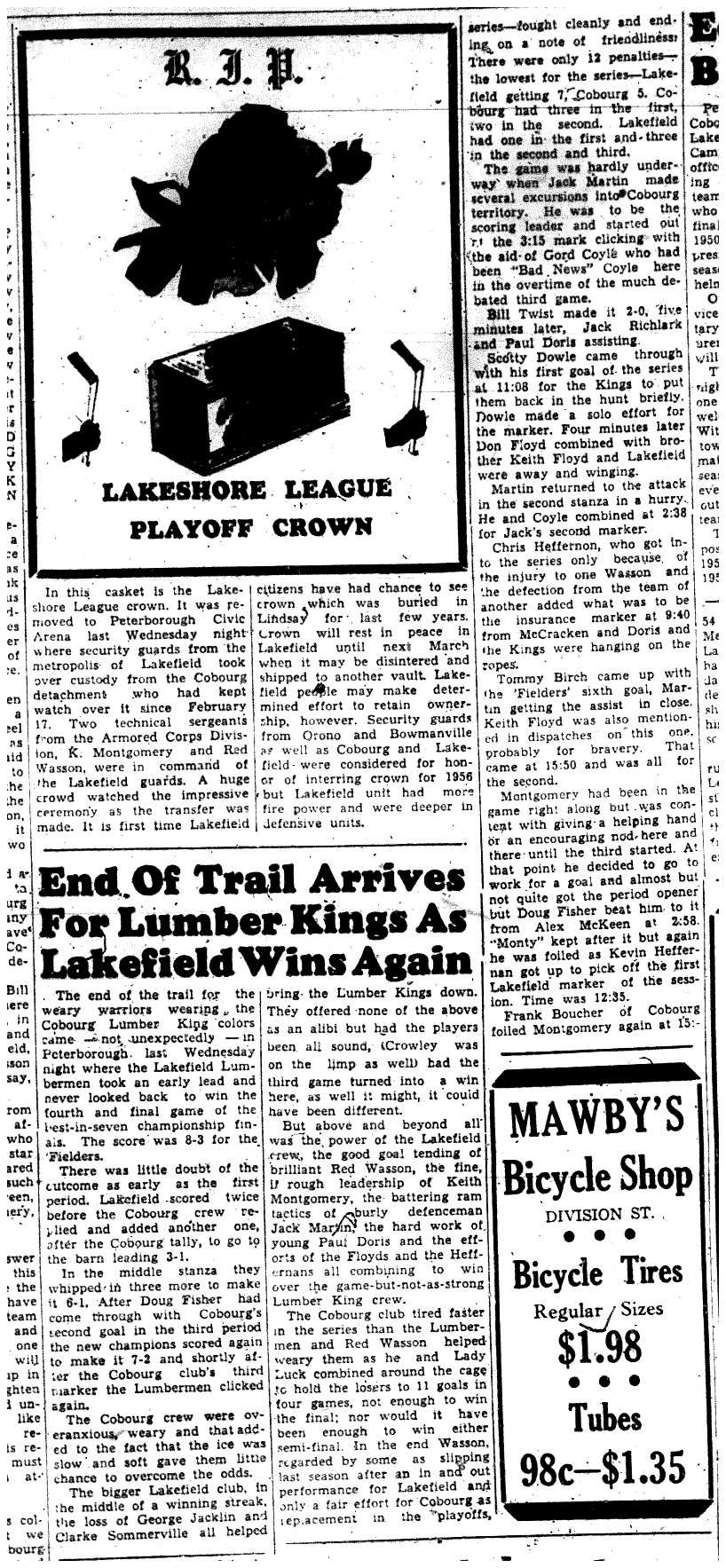 1956-03-22 Hockey -Intermediates -Lumber kings lose finals to Lakefield