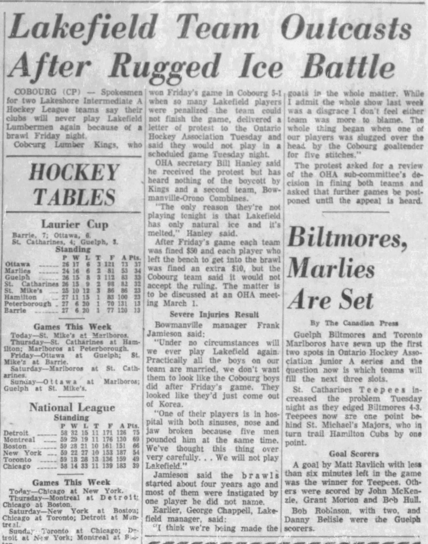 1957-02-27 Hockey -Intermediates -Cobourg Lumber Kings brawl vs Lakefield -Ottawa Citizen