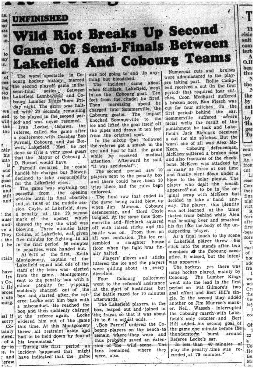 1957-02-28 Hockey -Intermediates Cobourg Lumber Kings in brawl vs Lakefield
