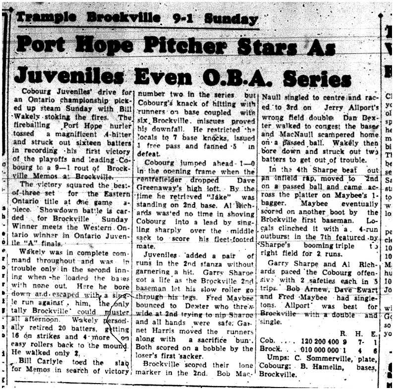 1958-09-11 Baseball -Juveniles vs Brockville