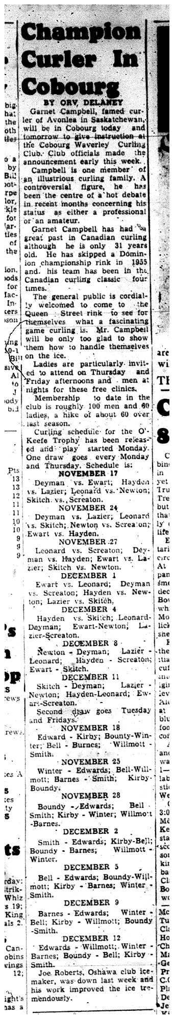 1958-11-28 Curling -Champ curler visits Cobourg Waverly Curling Club