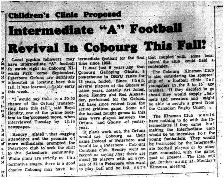 1959-04-19 Football -Intermediate-Peterborough Orfuns looking to relocate to Cobourg