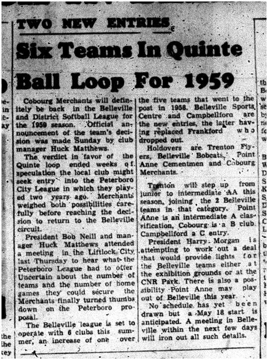 1959-04-23 Softball -Cobourg Merchants in Belleville Softball League