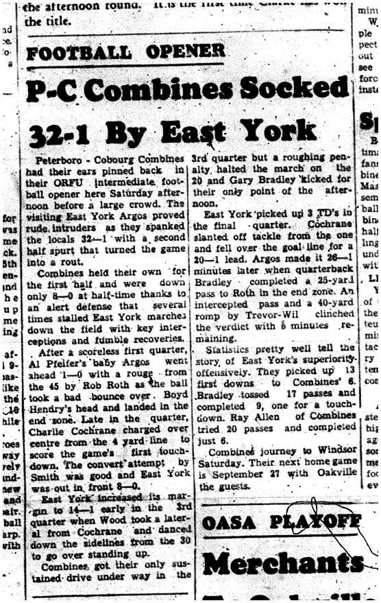 1959-09-10 Football -Intermediate Peterborough Cobourg Combines vs East York