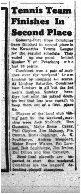 1960-09-01 Tennis -Combines finish 2nd in Kawartha League