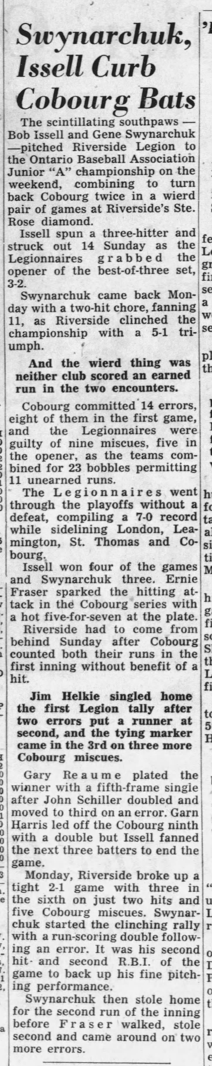 1960-10-11 Baseball -Cobourg loses OBA to Riverside Legion -Windsor Star