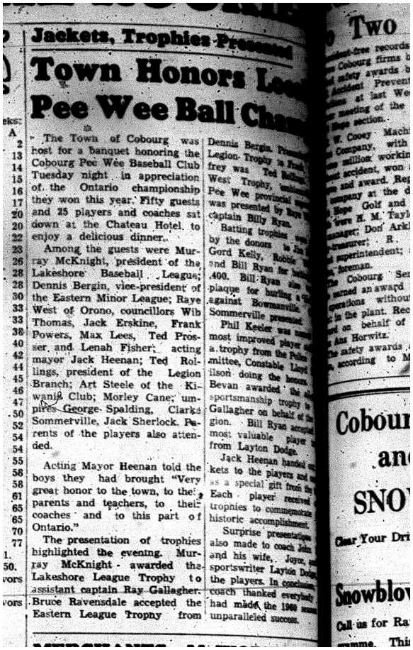 1960-11-24 Baseball -Town honours PeeWee OBA Champs