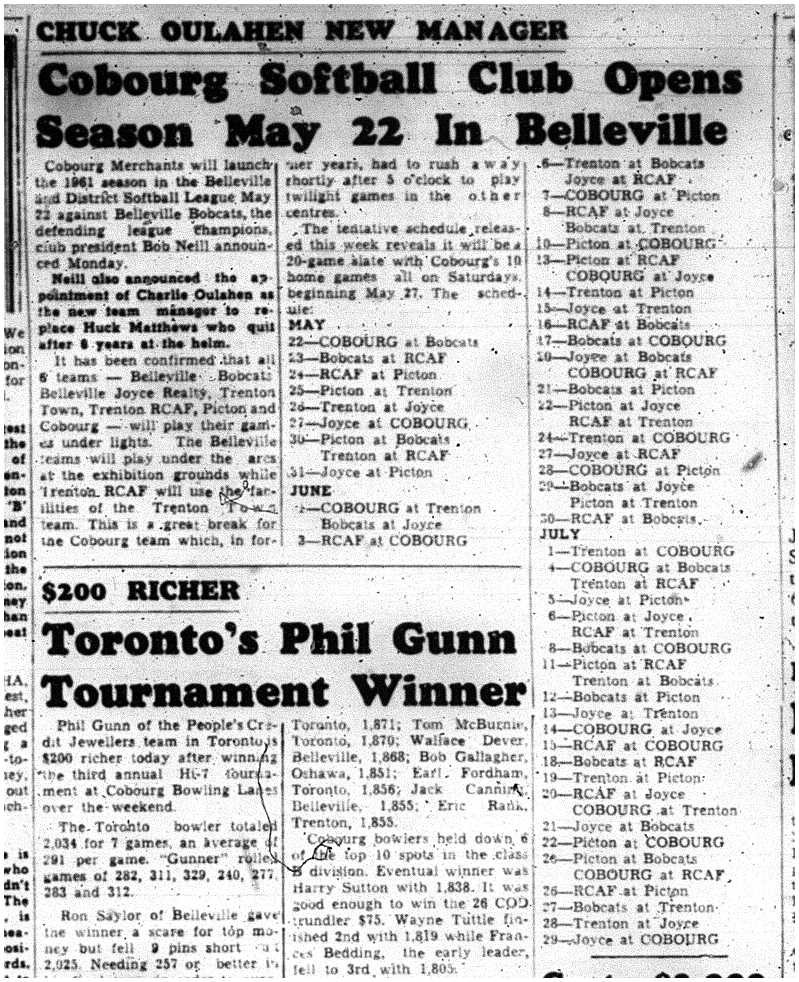 1961-04-20 Softball -Cobourg schedule in Belleville Softball League