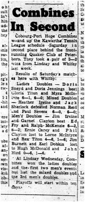 1961-08-02 Tennis -Combines vs Whitby results