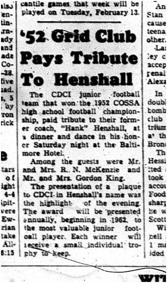 1961-12-06 School -CDCI Football honors Hank Henshall