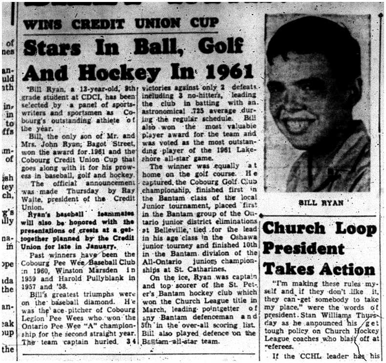 1961-12-27 Sports -Bill Ryan 12 yr old Gr 9 named Athlete of the Year