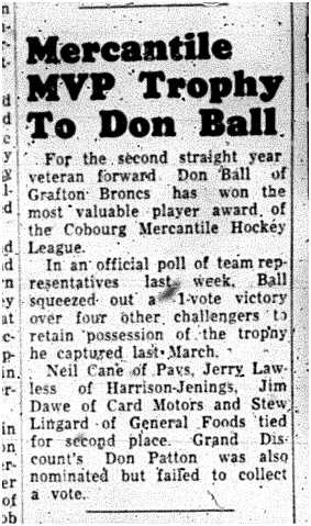 1963-03-06 Hockey -Cobourg Mercantile MVP Don Ball