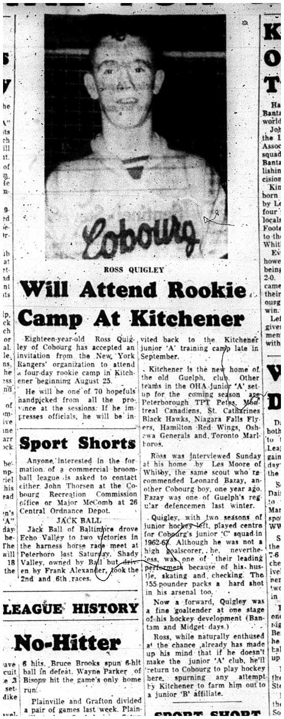 1963-08-14 Hockey -Quigley to Rangers Rookie Camp