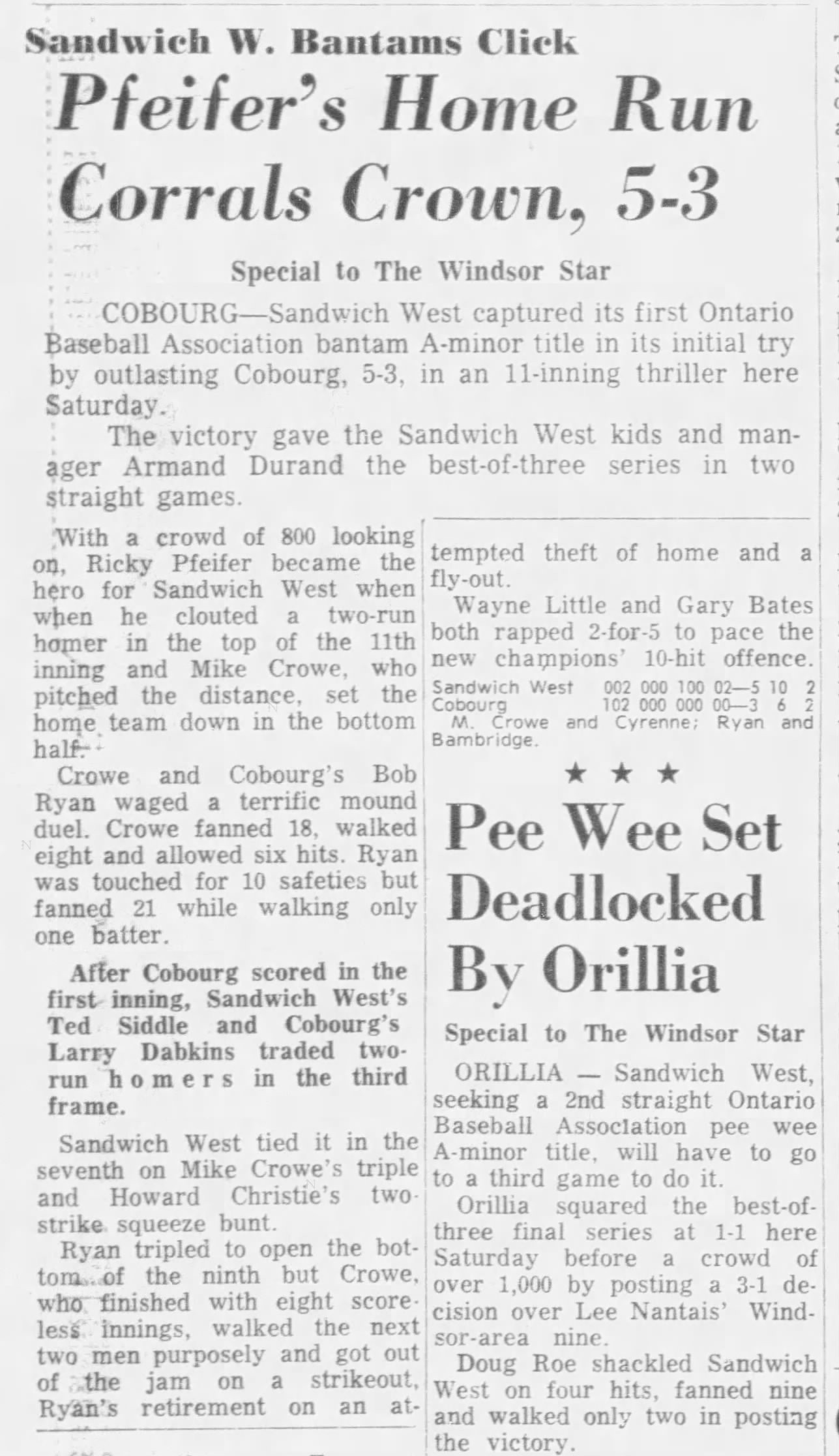 1963-10-07 Baseball -OBA Sandwich W beat_Cobourg -Windsor Star