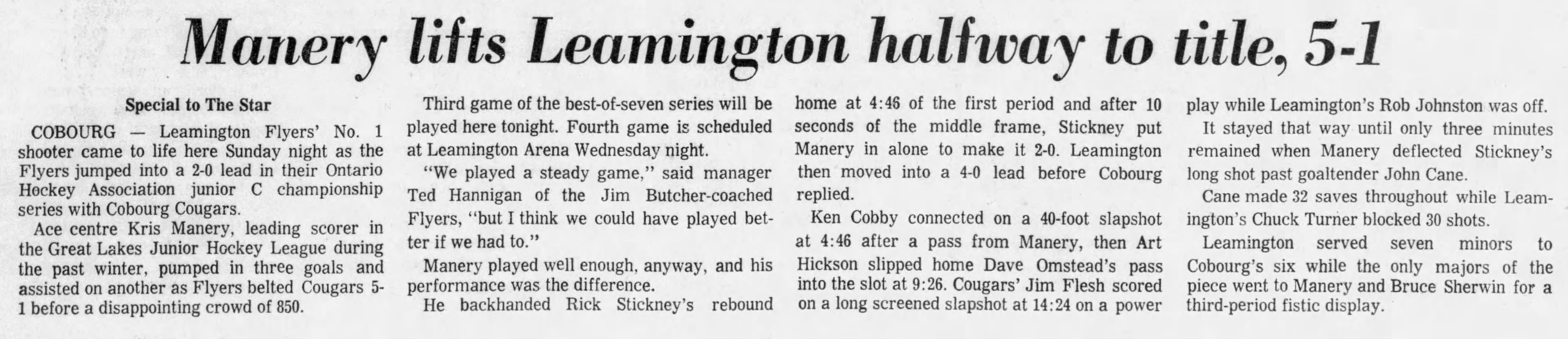 1972-04-17 Hockey -Cougars JrC Game2 loss to Leamingtom -Windsor Star