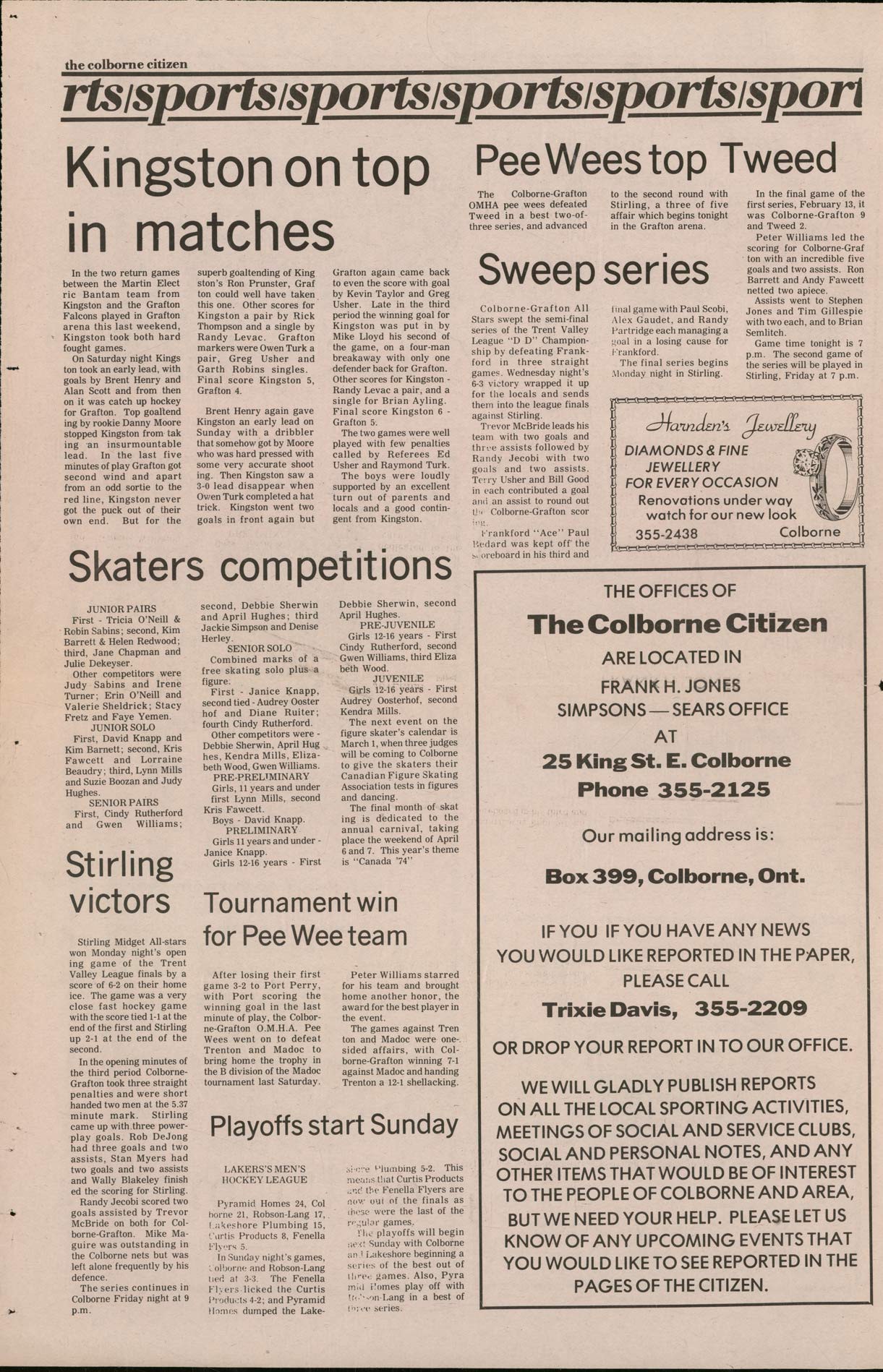 1974-02-06 Hockey -Colborne-Grafton PeeWees -Colborne Citizen