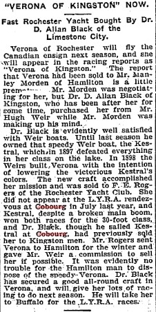 1901-02-05 Yacht Racing -Verona bought by Dr Black of Kingston-TO Star