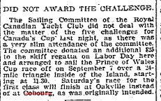 1901-08-29 Yacht Racing -RCYC Race not to end in Cobourg-TO Star
