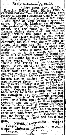 1904-09-26 Baseball -Cobourg Responds to Protest-TO Star