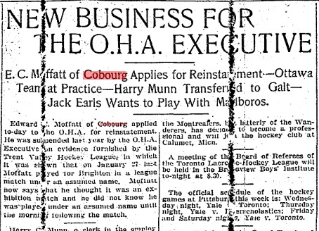 1904-12-28 Hockey -Moffat of Cobourg applies for OHA Reinstatement-TO Star