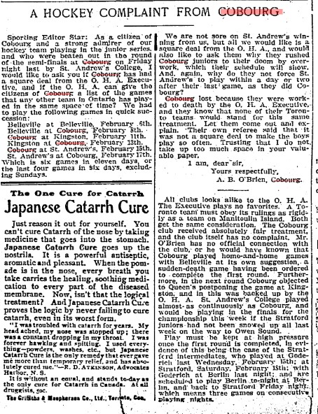 1905-02-21 Hockey -Complaint to OHA from Cobourg